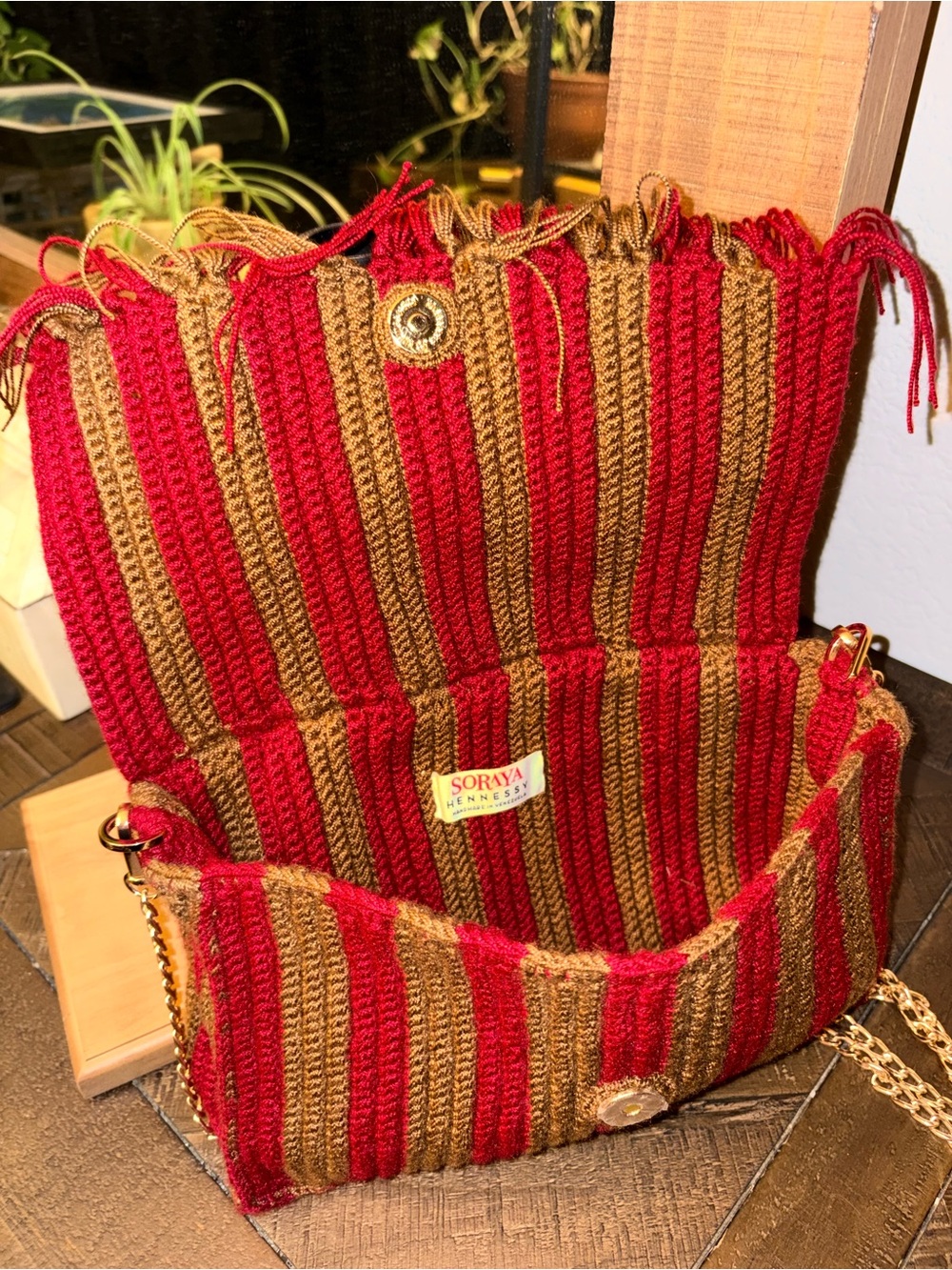 Striped Red and Brown Fringe Crossbody Bag with Gold Chain - Picture 4 of 6